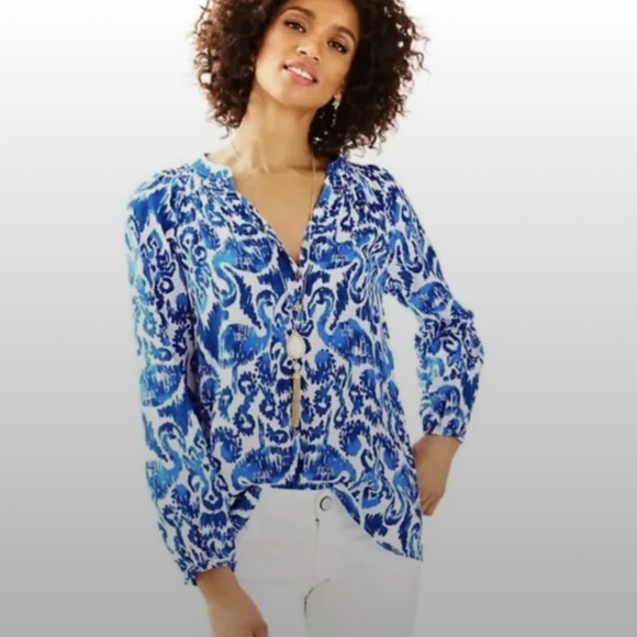 Lilly Pulitzer Meg Top in Resort Navy Beach Bathers Flamingo - Picture 1 of 6